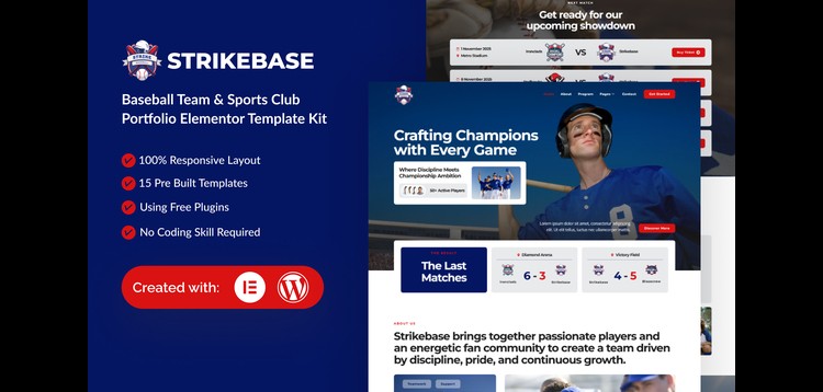 Item cover for download StrikeBase - Baseball Team & Sport Club Elemtor Template Kit