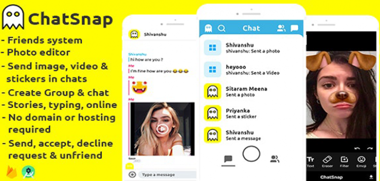 Item cover for download ChatSnap - Snapchat clone social network friend group chat photo edittor android studio firebase