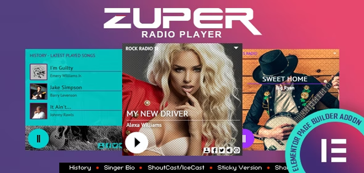 Item cover for download Zuper - Shoutcast and Icecast Radio Player With History - Elementor Widget Addon